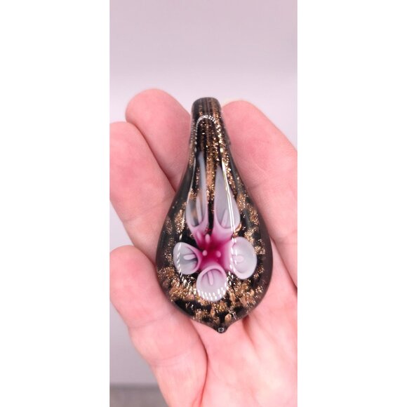 Handcrafted Lampwork Glass Floral Pendant Pink Glitter Teardrop Jewelry Art - Picture 2 of 4